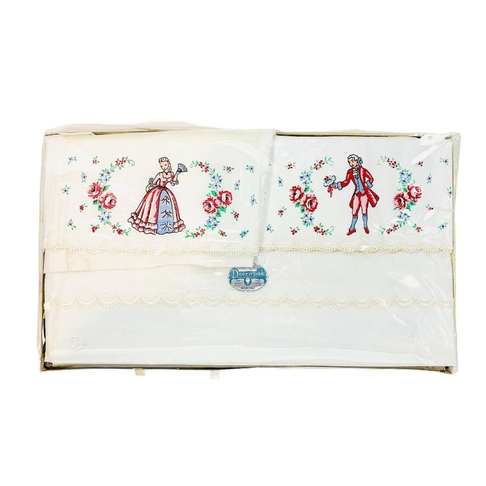Vintage 1940s Regency Sheet Set Colonial Printed Decropak Pillowcases Deadstock